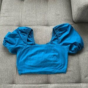 American Threads Blue Puff Sleeve Crop Top
